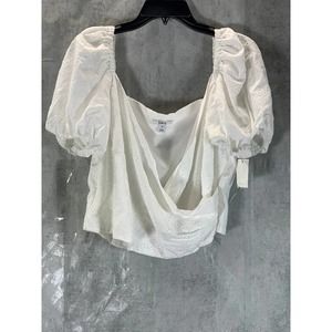 Bar III Women's Bright White Eyelet Puff Short-Sleeve Wrap Top SZ 14